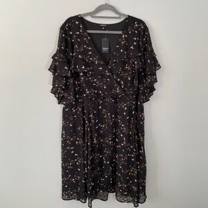 NEW Torrid 4x Black Floral Bird Print Chiffon Ruffle Flutter Wrap Dress